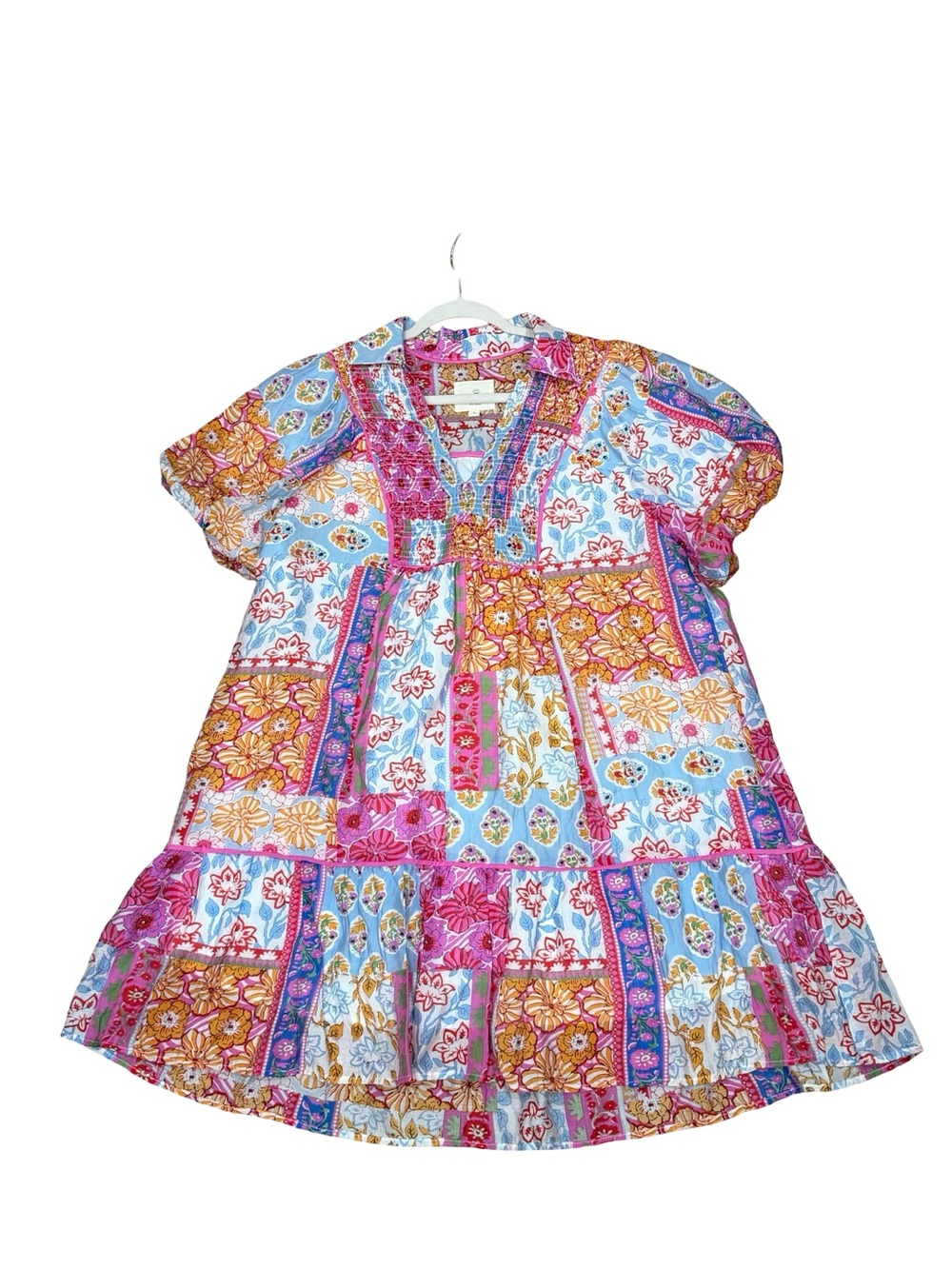 ☀️Umgee Patchwork Print Smocked Mini Dress Collared Split V-Neck Size Large Boho - Picture 7 of 11